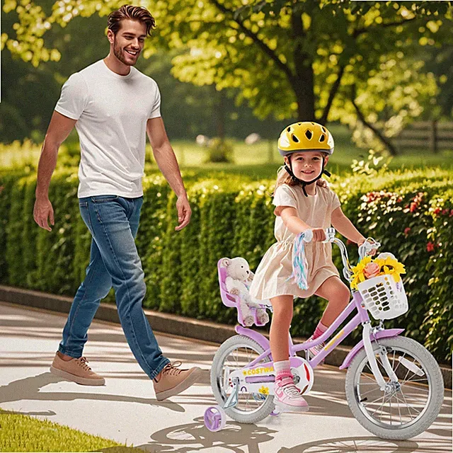 16 Inches Kids Bicycle w/ Basket Doll Seat Colorful Streamers Training Wheels