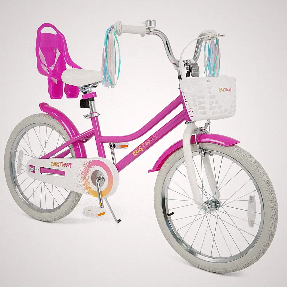 Girls Bike, 20” Kids Bicycle w/Basket, Doll Seat, Colorful Streamers, Reflectors