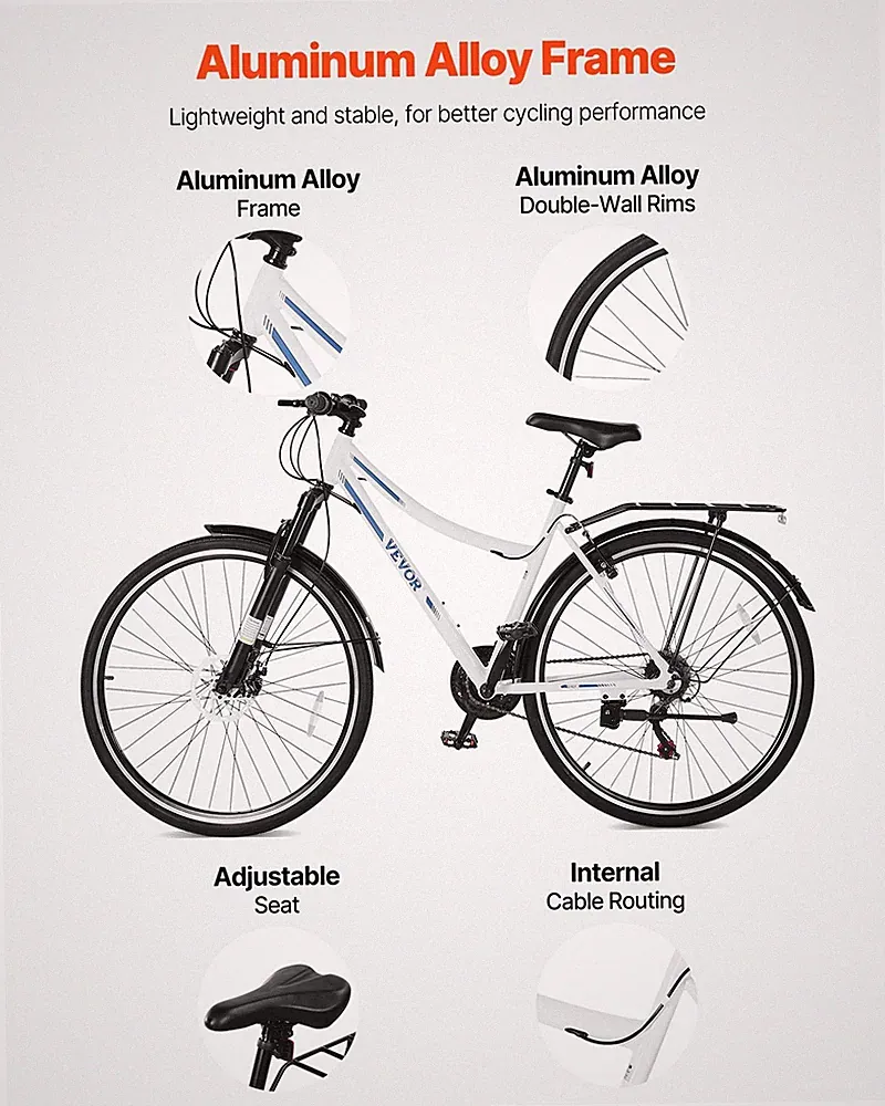 New Hybrid Bike, Lightweight Aluminum Frame Bike, 700c Wheel Men and Women Hyb