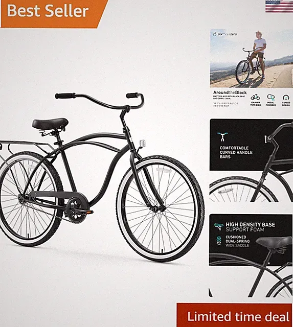 Stylish Matte Black Men's 26-Inch Beach Cruiser Bike with Integrated Cargo Rack